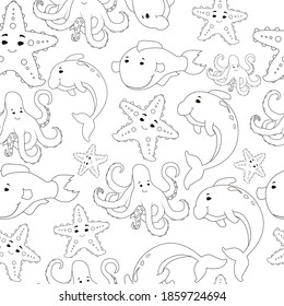 Boys shirts . Childrens shirt. Dolphins seamless pattern on a white background. Black and white version. The print features dolphins with starfish and a whale with an octopus. Pattern for boys