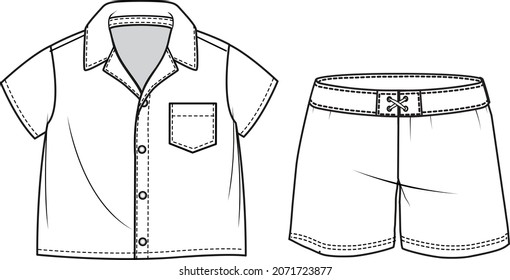 Boys Short Sleeve Cuban Collar Shirt And Shorts Resort Wear Set Toddler Button Shirt And Fashion Shorts Summer Outfit Flat Sketch Vector Illustration