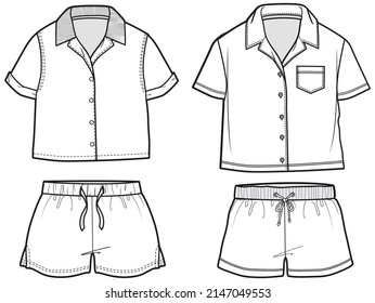 boys short sleeve shirt and shorts resort wear set fashion flat sketch vector illustration