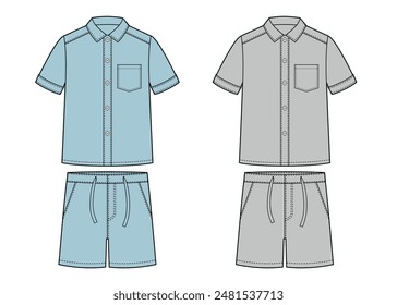 boys short sleeve shirt and shorts flat sketch