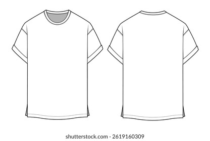 Boys short sleeve t-shirt front and back view technical flat sketch vector mockup illustration.