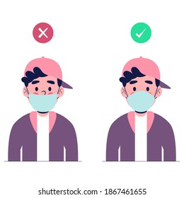 Boys showing how to wearing protective mask correctly. Flat design vector illustration