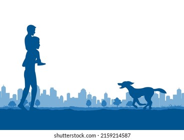 boys sit on his dad shoulder while dog run coming,vector illustration