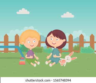 boys sitting in the backyard with toys vector illustration