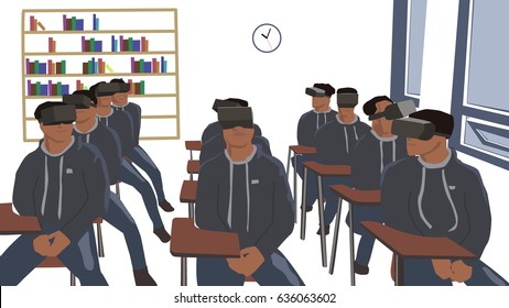 Boys sitting in classroom wearing Virtual Reality Headset. Futuristic concept vector for application of virtual reality in education
