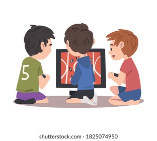 Boys Sitting in front of Computer Screen Playing Video Game, Children Having Fun Together with Computer Gaming Cartoon Style Vector Illustration