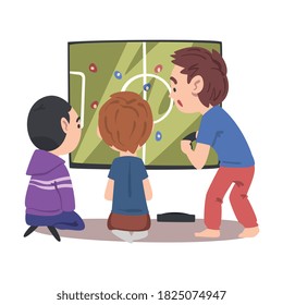 Boys Sitting in front of Huge Screen Playing Soccer Video Game, Children Having Fun Together with Computer Gaming Cartoon Style Vector Illustration