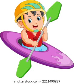 The boys is sitting on the cool canoe with the green paddle of illustration