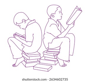 Meninos sentados em pilhas de livros e leitura