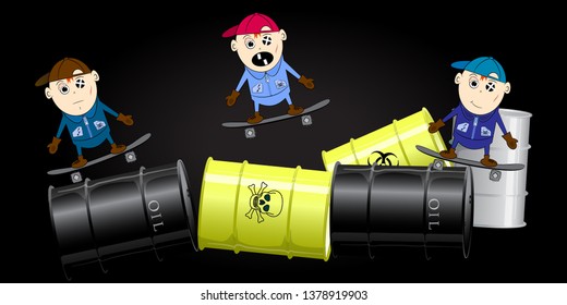 boys skateboarders cartoon vector illustration on a black background.