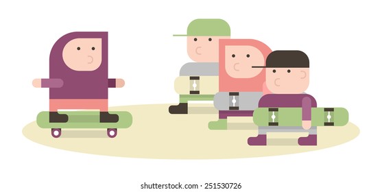 Boys with a skateboards, simple vector illustration in pastel colors, flat style