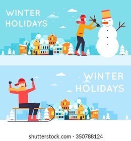 Boys sledding, sculpt snowman. Winter cityscape, winter fun, winter vacation, winter sports, outdoors. New year. Flat design vector illustration.