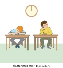 Boys are sleeping in class. Vector illustration.
