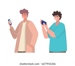 Boys with smartphones design, Youth culture people cool person human profile and user theme Vector illustration