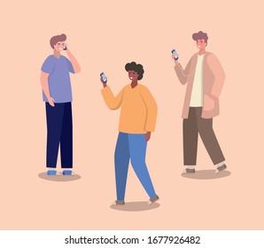 Boys with smartphones design, Youth culture people cool person human profile and user theme Vector illustration