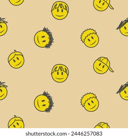 BOYS SMILEY FACES CHARACTERS EMOJI SEAMLESS PATTERN WITH DIFFERENT FACES AND POSITIONS VECTOR ILLUSTRATION