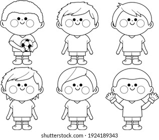 Boys soccer team. Vector black and white coloring page