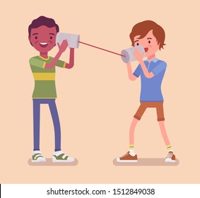Boys speak by tin can telephone. Two friends playing in mechanical string phone, self made speech transmitting device, kids have fun speaking, science project. Vector flat style cartoon illustration