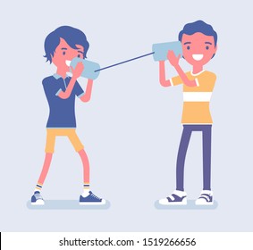 Boys speak by tin can telephone. Two friends playing in mechanical string phone, self made speech transmitting device, kids have fun speaking, science project. Vector flat style cartoon illustration