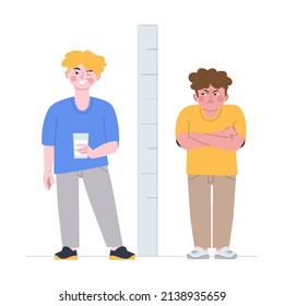 The boys stand near the meter to measure their height. Children's emotions - anger and joy. Glass of milk in hand. Flat vector illustration. Eps10