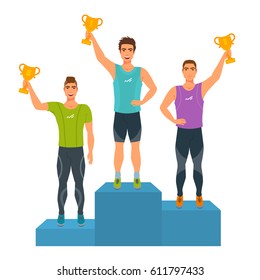 Boys stand on podium, awarded with trophies. Men won first, second, third place in competition. Awards ceremony. People in stands, raise hand with cup up. Winners. Vector illustration isolated.