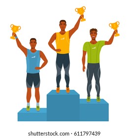 Boys stand on podium, awarded with trophies. Men won first, second, third place in competition. Awards ceremony. People in stands, raise hand with cup up. Winners. Vector illustration isolated.