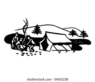 Boys Starting Campfire - Retro Clip Art