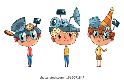 Boys in Steampunk Headgear Set, Children Doing Scientific Experiments Vector Illustration