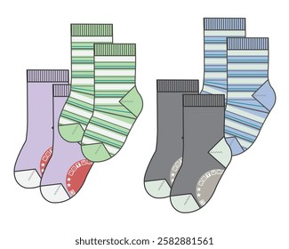 Boys stripe socks flat sketch vector mockup template technical illustration.