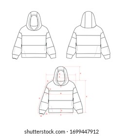 Boy's stripped hoodie, flat sketch, front and back views, with measurements