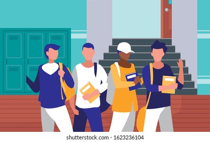 Boys students in front of school lockers design, Eduaction class lesson knowledge preschooler study learning and primary theme Vector illustration