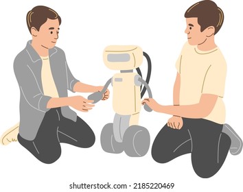 The boys are studying the robot.