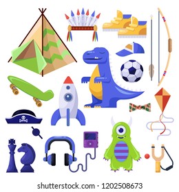 Boys stuff, toys and personal things. Vector isolated icons set.