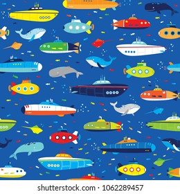 boys submarines and whales seamless pattern