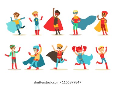 Boys in superhero costume set, cute little super kids vector Illustrations on a white background