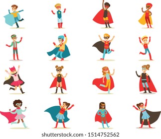 Boys in superhero costume set, cute little super kids vector Illustrations on a white background