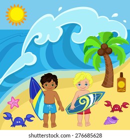 Boys surfers on the beach to catch a big wave.Vector illustration