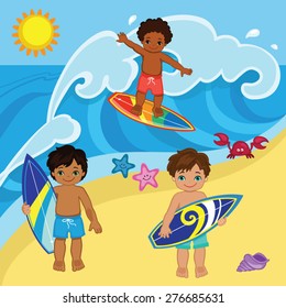 Boys surfers on the beach to catch a big wave.Vector illustration