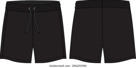 Boys Sweat jersey Shorts vector fashion flat sketch template. Young Men Waist Short pant Technical Drawing Fashion art Illustration front and back views.
