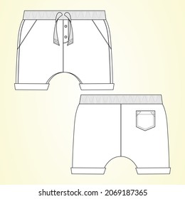 Boys Sweat jersey Shorts vector fashion flat sketch template. Kids Waist Short pant Technical Drawing Fashion art Illustration front and back views.
