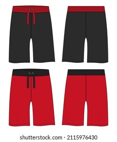 Boys Sweat jersey Shorts vector fashion flat sketch template. Young Men Waist Short pant Technical Drawing Fashion art Illustration Black, Red color Mock up CAD front and back views.

