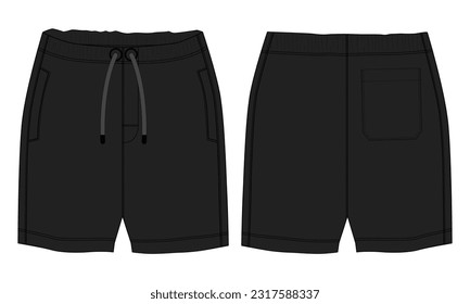 Boys Sweat Shorts pant technical fashion flat sketch vector illustration black Color template For Young Men.
