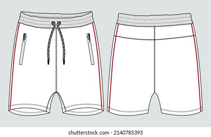 Boys Sweat Shorts pants Technical fashion flat sketch vector Illustration template Front and back views. Fleece cotton jersey shorts Mock up Cad. 