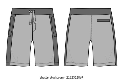 Boys Sweat Shorts Pants Technical Fashion flat sketch vector illustration Grey color template front and back views isolated on white background.