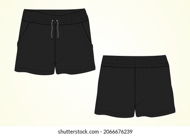 Boys Sweat Shorts vector fashion flat sketch template. Technical Drawing Fashion art Illustration Fleece Sweat jersey  shorts for Young Men.
