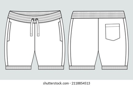 Boys Sweat Shorts vector fashion flat sketch template. Technical Drawing Fashion art Illustration Fleece Sweat jersey shorts for Young Men.
