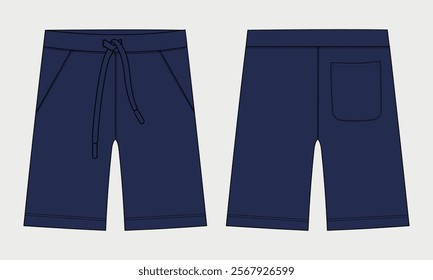 Boys Sweat Shorts vector fashion flat sketch Navy color template Front and back views. Technical Drawing Fashion art Illustration Fleece Sweat jersey shorts for Young Men.
