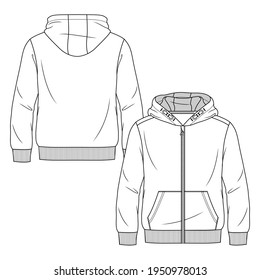 Boys Sweatshirt Hoodie fashion flat sketch template  Young men zip front top Technical Fashion Illustration  Drop Shoulders ad front pocket