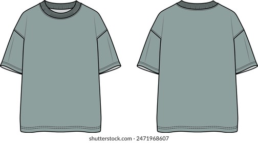 Boys t shirt crew neck plain t shirt front and back view flat sketch vector illustration template. cad mockup.