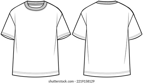 boys t shirt short sleeve drop shoulder crew neck plain white t shirt front   back view flat sketch vector illustration template  cad mockup 